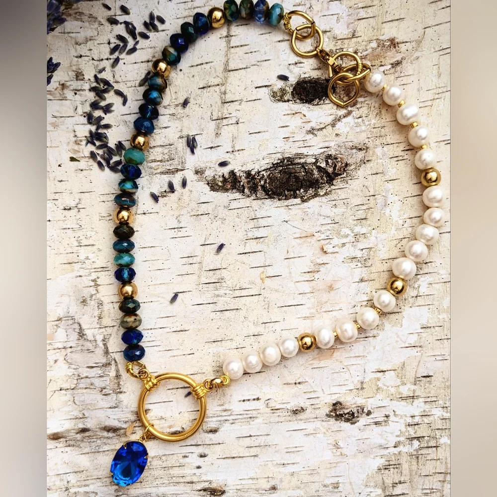 Blue Glass & Crystal Beads & White Freshwater Pearls In Assymetrical Necklace